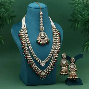2 Lariat Set with Earrings and Tikaa Featuring Kundan Stones and Imitation Pearls Jewelry Set