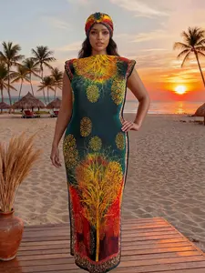 Women's Elegant Plant Print Long Dress Set, Slim-Fitting Moo Moo Robe & Scarf, Beach Sun Protection Shawl, All Seasons Fashion Beachwear