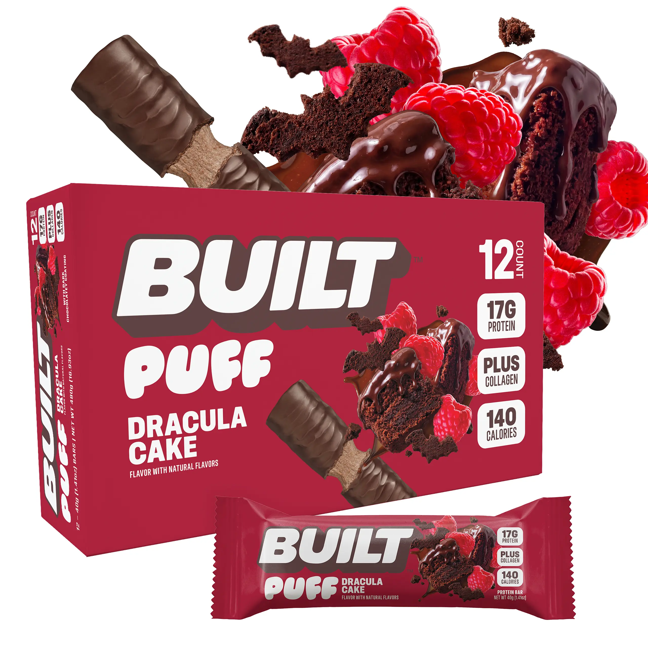 Official BUILT Bar, Puff Protein Bar Snack, Dracula Cake, Raspberry Chocolate Cake, Protein Packed Snack, Collagen, 140 calories, Gluten Free