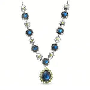 Labradorite and  Peridot 11.50 ctw Mystic Bloom Necklace in Platinum Plated 18 Inches