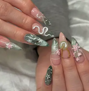 Elegent Jade Serpent Floral Press On Nails , 3D Gel Blossom Snake Nail Art , Gradient Green Fake Nails , Crystal Charm Press-on Nail, Holiday Gifts