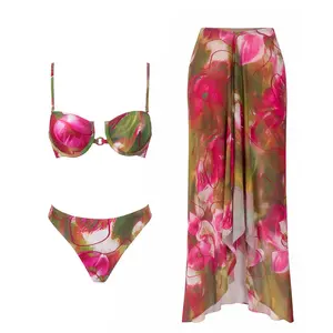 2026 new women’s printed bust-lift mini bikini three-piece set; stylish casual strappy two-piece swimsuit with long skirt; holiday casual vacation swimwear/onsen wear