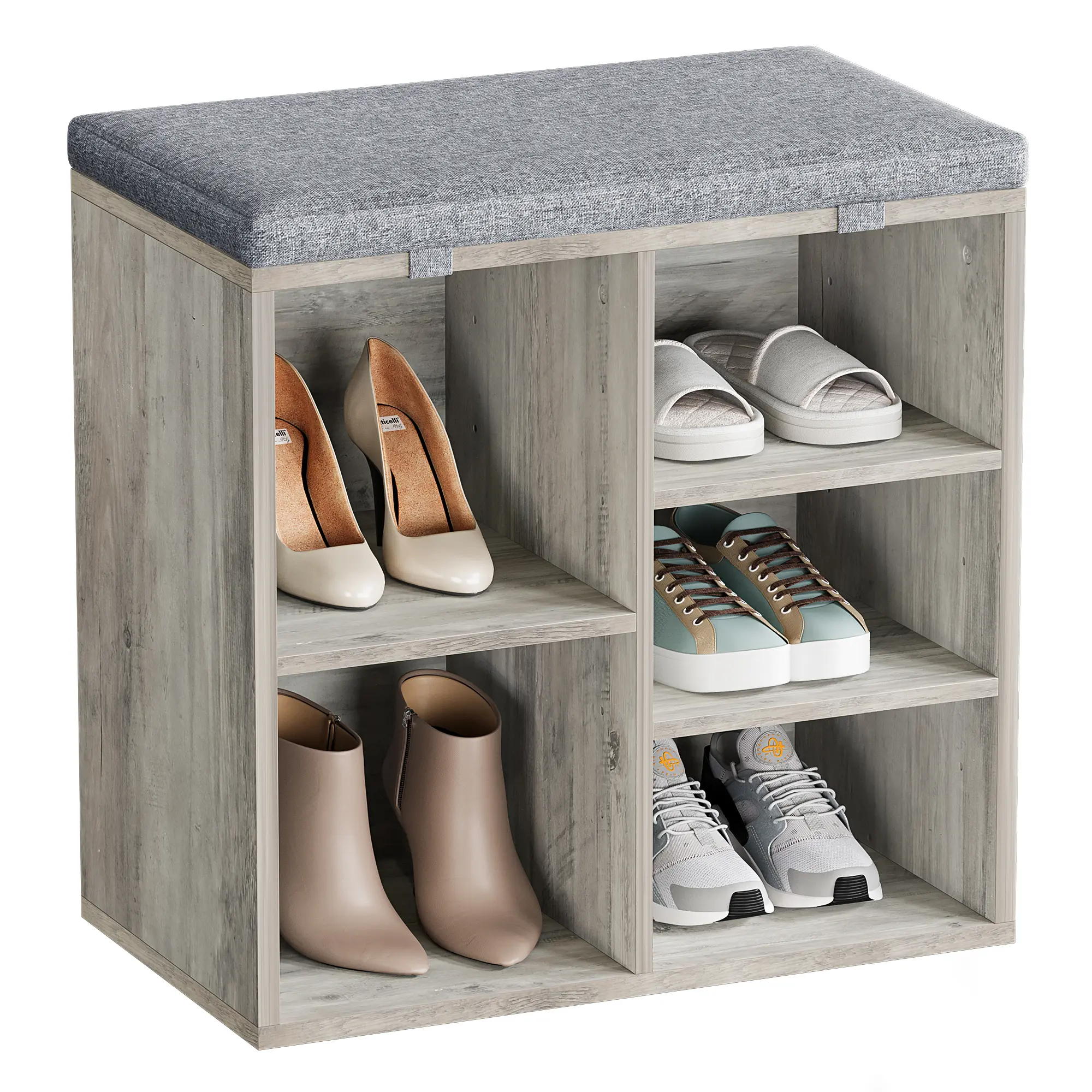 Garvee Entryway Shoe Bench with Storage & Cushion, 3-Tier Adjustable Shelf – Wooden Cubby Bench for Hallway, Living Room, Bedroom – Grey