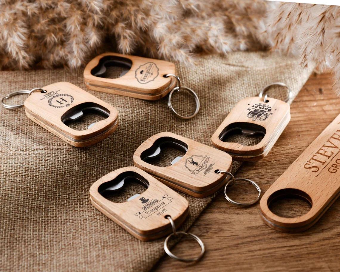 Pack of 50 Pcs Wooden Beer Bottle Opener Keychain Wood and Metal Combo Bottle Opener for Laser Engraving Blanks
