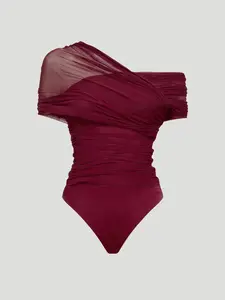 1 Piece Asymmetrical Off Shoulder Mesh Bodysuit for Women, Ruched Sheer Mesh Overlay Slim Fit Bodysuit,  Figure Flattering Top for Going Out Club Party Date Night, Trendy Y2K Coquette Sexy Elegant Aesthetic