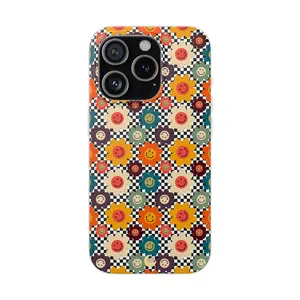 Colorful Retro iPhone Case, Checkered Smily Face iPhone Case, Cute Gift for Her, Happy Vibes, Trendy Phone Cases