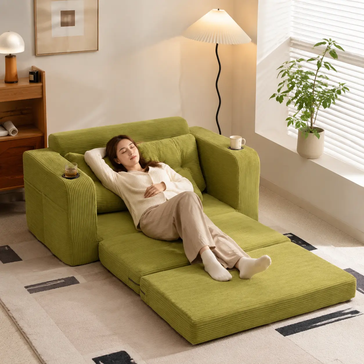 Boneless Loveseat Couch - Modern Corduroy Upholstered 2-in-1 Convertible Foldable Bed with Fixed Arms, Cup Holders, Side Storage Pockets, Fully Assembled Compressed Portable Floor Sleeper for Bedroom, Living Room,familyfun