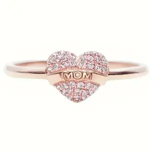Elegant Temperament Inlay Synthetic Zirconia Carved Letters MOM Heart Ring for Women Casual Vacation Party Fashion Accessories Mother's Day Gift