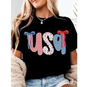 [100% Cotton]Women's Patriotic USA Flag T-Shirt Floral Stars & Stripes Design with Gingham Bow Accent Red White Blue Casual Round Neck Short Sleeve Tee for 4th of July Labor Day Thanksgiving Halloween Comfortable Casual Attire Ideal Gift for Women & Men