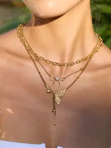 Ladies' Gold Necklace, Twisted Butterfly Necklace 18k Gold-Plated Waterproof Stainless Steel Twist Cross Chain with White Diamond Hollowed-Out Bow, Heart-Shaped Butterfly, Bohemian-Style Beach Resort-Style Necklace