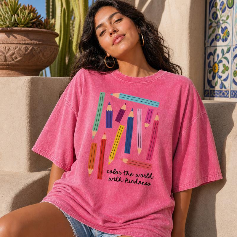 Inspirational Teacher Graphic Tee Women Soft Washed Cotton Color The World With Kindness Shirt S-5XL