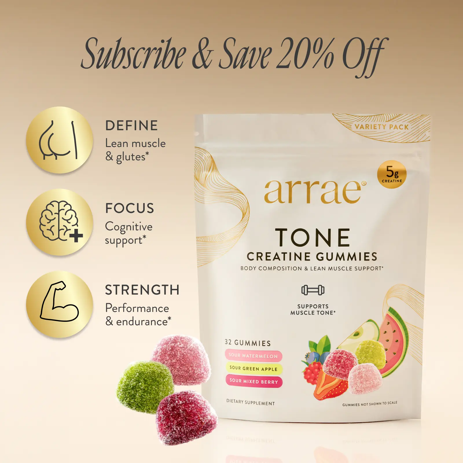 arrae Tone Variety Creatine Gummies | Assorted Sour Flavors (Watermelon, Green Apple, Mixed Berry)| Gut-Friendly Formula for Energy, Cognitive Health, Post-Workout Recovery