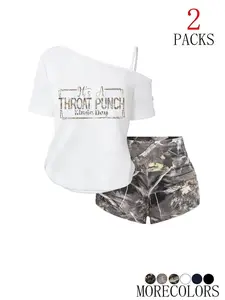 Women's Gothic Cool Shoulder Short-Sleeve T-Shirt & Camo High Waist Shorts Set, Top, Casual Fitted for All Seasons, Spring & Fall Style