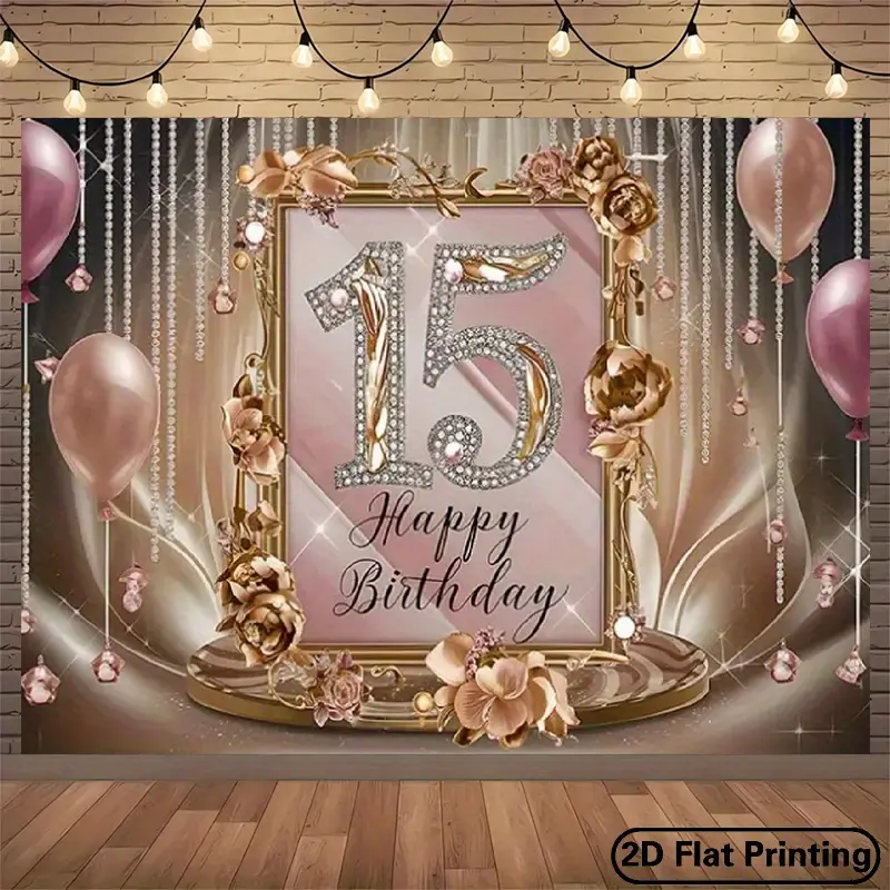 A Single Piece of a Two-Dimensional Flat Banner for a Lavish 15Th Birthday Celebration, Featuring a Sophisticated Pink And Golden Design with Balloons, Flowers, And Sparkling Lettering, Suitable for Parties, Events, And Home Decoration.