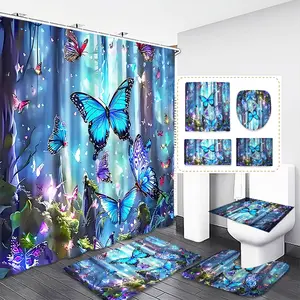 Dreamy Forest Blue Butterfly Curtain Set, Includes 12 Hooks, Floor Mat, Toilet Lid Cover, U-Shaped Pad, Holiday Gift, Unique Style, Shower Curtain, Print