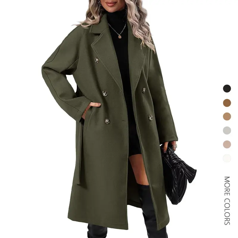 Danedvi Women's Minimalist Double-Breasted Wool Blend Pea Coat - Casual Fashion Jackets for Women, Mid-Long Winter Belted Classic Cut Outerwear with Long Sleeves, Lapel, Button-Down Closure, Pockets, Brown
