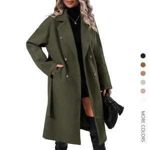Danedvi Lady's Elegant Minimalist Wool Pea Jacket - Basic Long Sleeves Winter Outerwear, Lapel Collar, Double Breasted, Belted Pockets, Mid-Long Button Closure Women's Outerwear