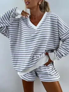 Women's Striped Print Drop Shoulder Long Sleeve Tee & Elastic Waist Shorts Two-piece Set, Casual Fashion Cozy Breathable Soft Fabric Two Piece Outfits for Daily Outdoor Wear, Women Clothes for Spring & Fall