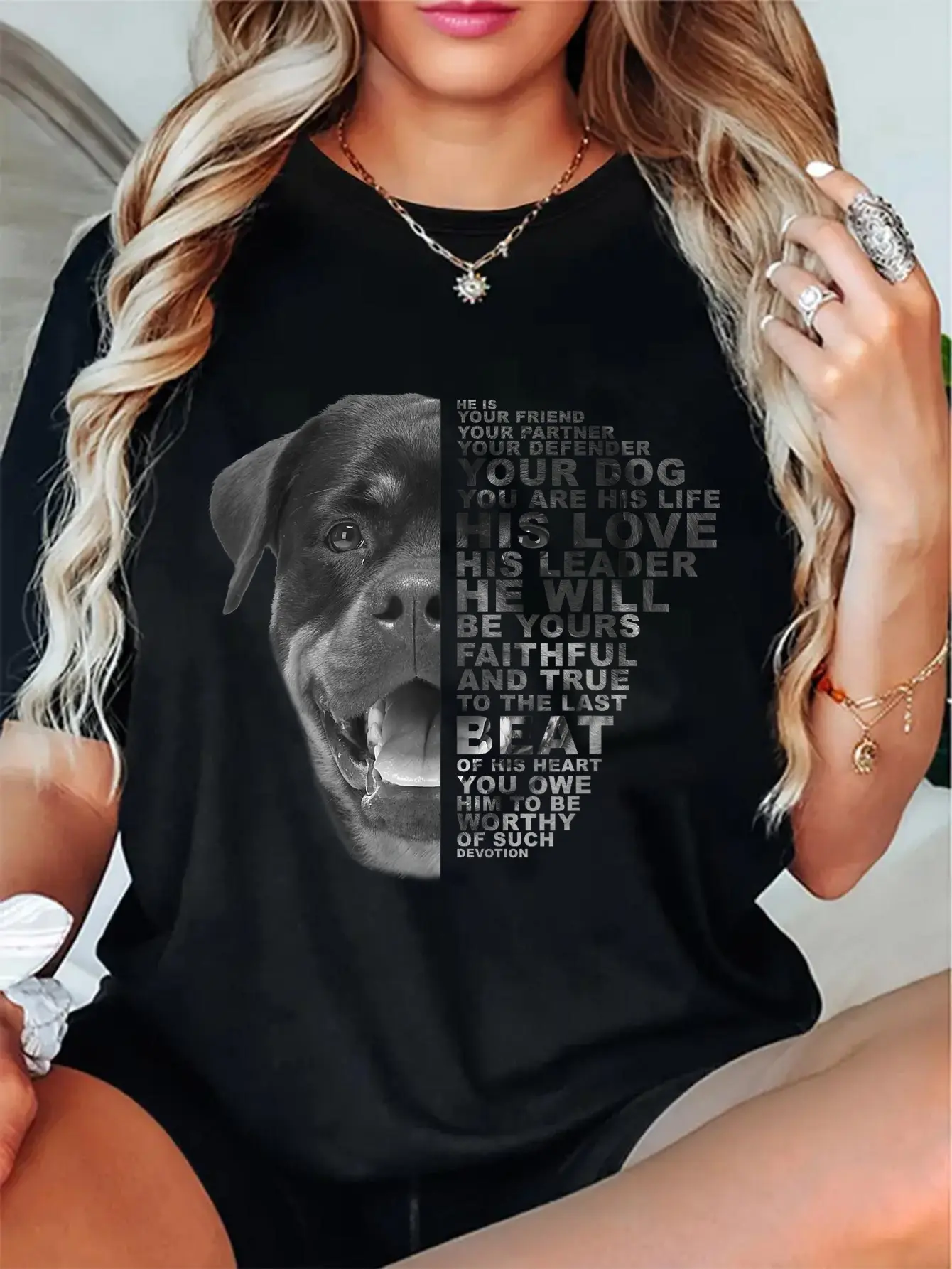 Women's 100% Cotton Vintage Everyday T-Shirt, Unisex Rottweiler Graphic Printed Top with "He Is Your Friend, Your Partner, Your Dog" Quote - Casual Gift Tee