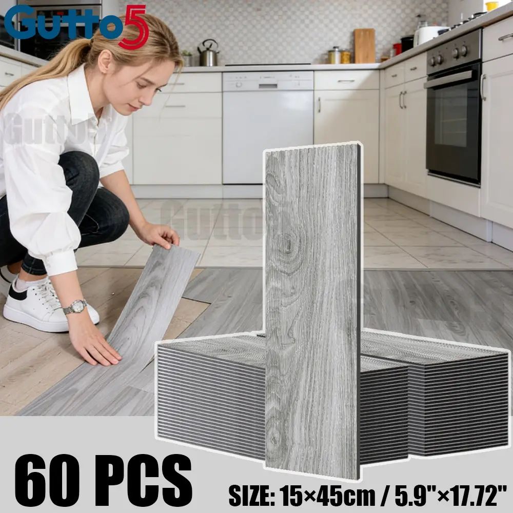 60pcs Thick Luxury Vintage Wood Grain Floor Stickers, Peel Stick Flooring, Self-Adhesive PVC Vinyl, Easy Install DIY Removable, Renovation for Living Room Bedroom Hallway