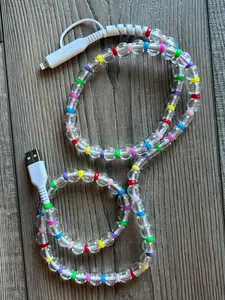 Beaded Phone Charger with Lightning & USB-C Cable: Clear Rainbow