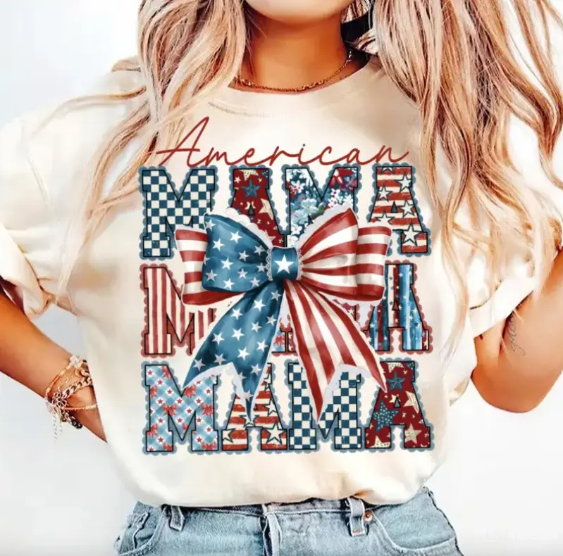 Comfort Colors Preppy Patriotic Mama T-Shirt, Checkered Mom Shirt, Red White Blue Bows Tee, Coquette 4th Of July Shirt, American Mama Top, Independence Day Gifts