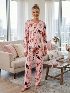 Women's Bowknot Wine Bottle All-Over Printed Sleepwear Set, Womenswear Comfortable Loose-Fit Long Pants & Easy Wear Top, Elegant Home Loungewear Pajama