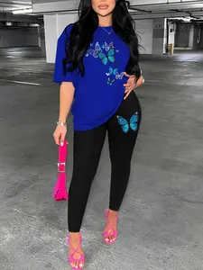 Two-Piece Set Women's Butterfly Print Drop Shoulder Tee & Elastic Waist Skinny Pants Set, Casual Outfits Women, Casual Suit Set, Casual Fashion Cozy Round Neck Half Sleeve T-shirt & Trousers for Daily Outdoor Wear, Women's Clothing for Spring & Fall