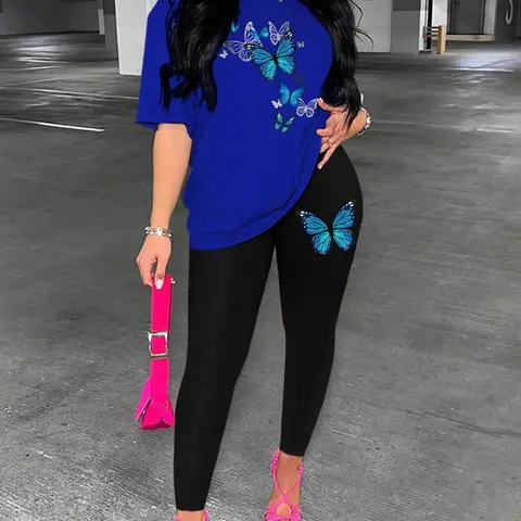 Two-Piece Set Women's Butterfly Print Drop Shoulder Tee & Elastic Waist Skinny Pants Set, Matching sets, Round Neck Half Sleeve T-shirt & Trousers for Daily Outdoor Wear, Casual Style Set, Women's Clothing for Spring & Fall