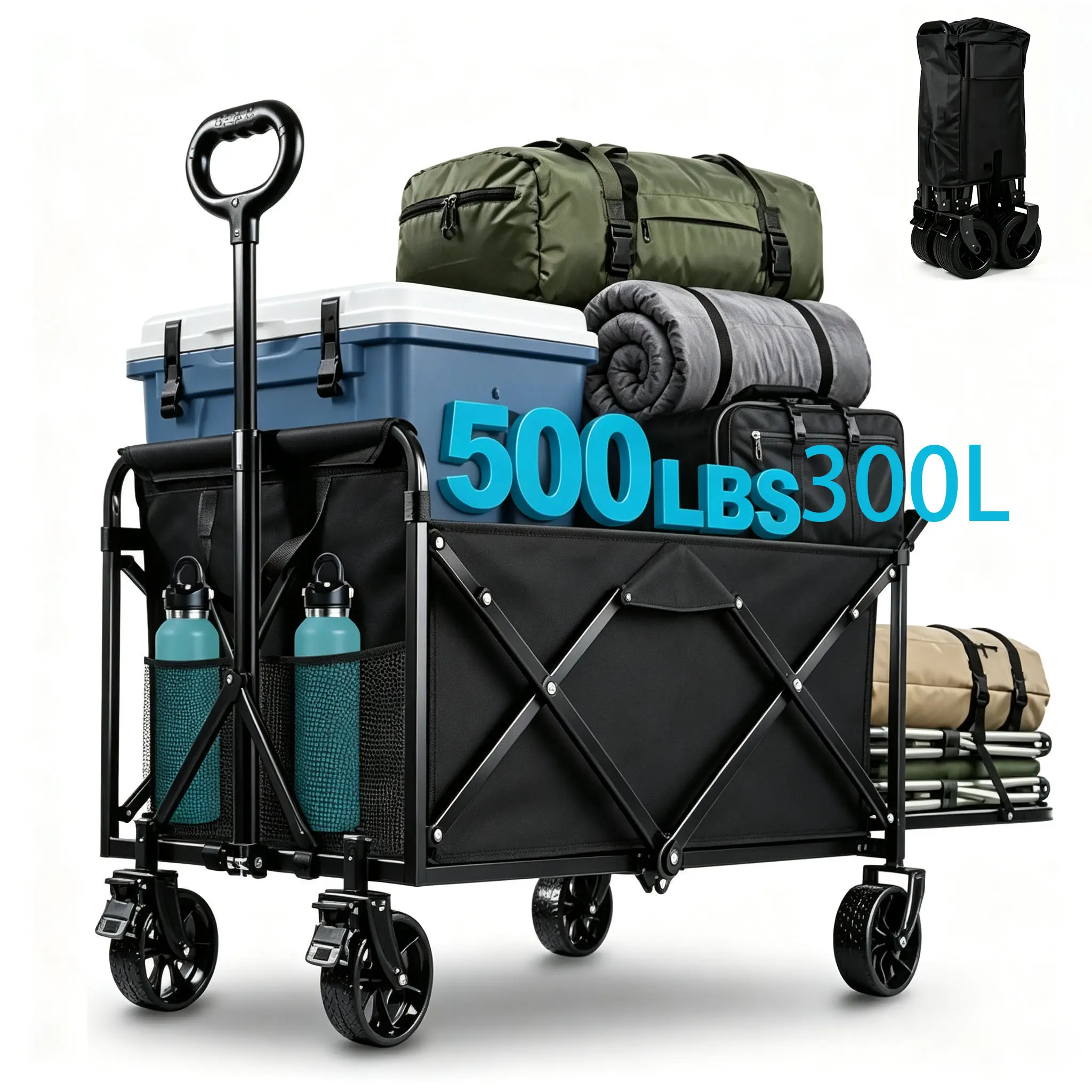 Collapsible All-Terrain Wagon Cart, 300L Folding Trolley with Rear Tailgate, Brakes & Large Wheels for Camping, Groceries, Outdoor Hauling