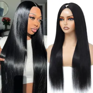 22Inch V Part Wigs Human Hair Straight Brazilian Human Hair Wigs for Black Women Upgrade U Part Wigs No Leave Out No Sew in NO Glue Clip in Half Wigs Human Hair 180% Density Natural Color