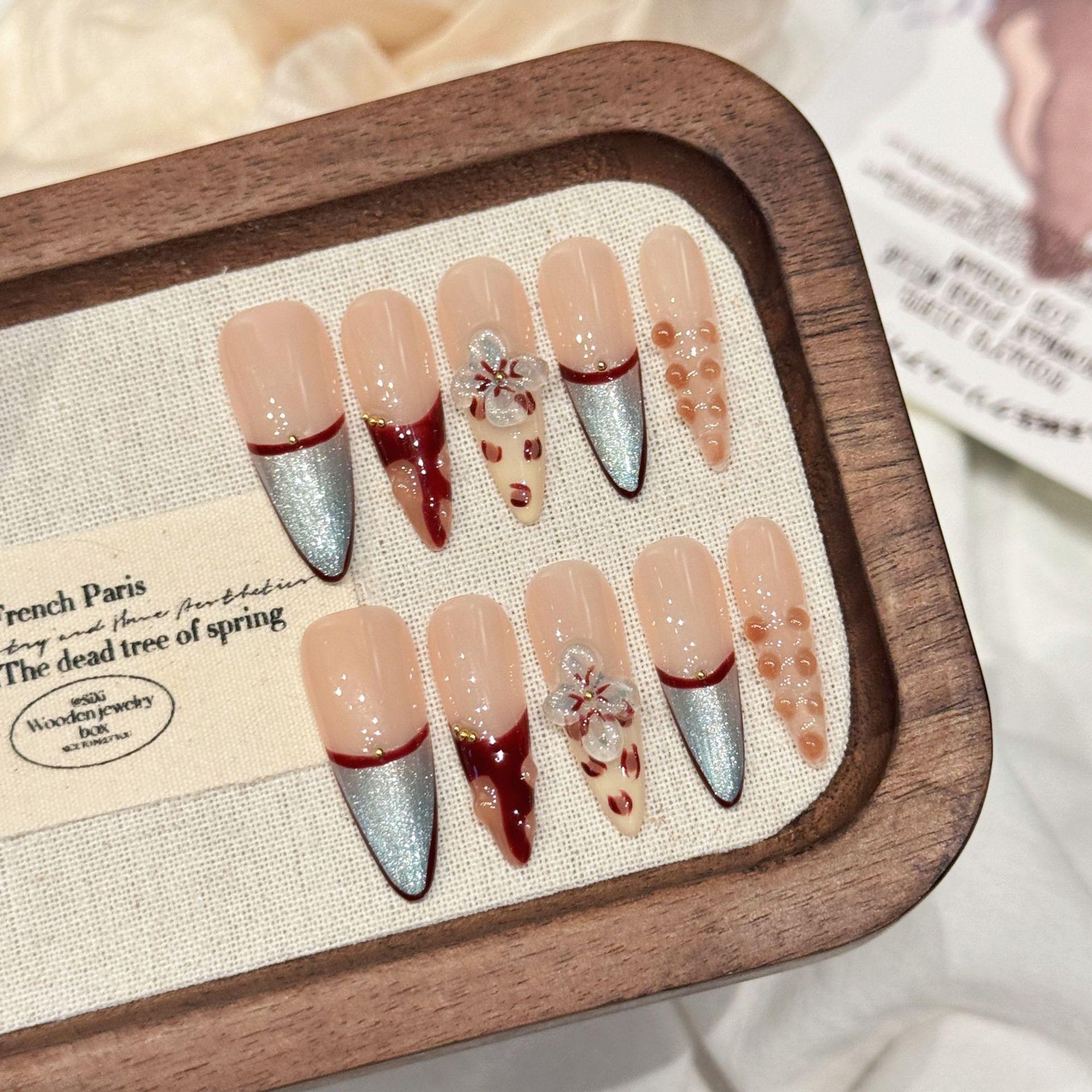 【Lucy UU】3 Styles Luxury Tropical 3D Floral Press On Nails Ocean Jellyfish Red French Silver Glitter Pink French Leopard Print Long Stiletto Shape Handmade Reusable Fake Nail For Women