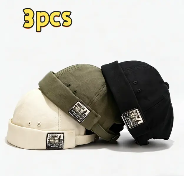 3Pcs Hand Wash Only Brimless Docker Hats - Vintage Denim Label, Soft Skullcap, Rolled Cuff Beanie for Daily Outdoor Casual Streetwear, Hand Wash Only Hats