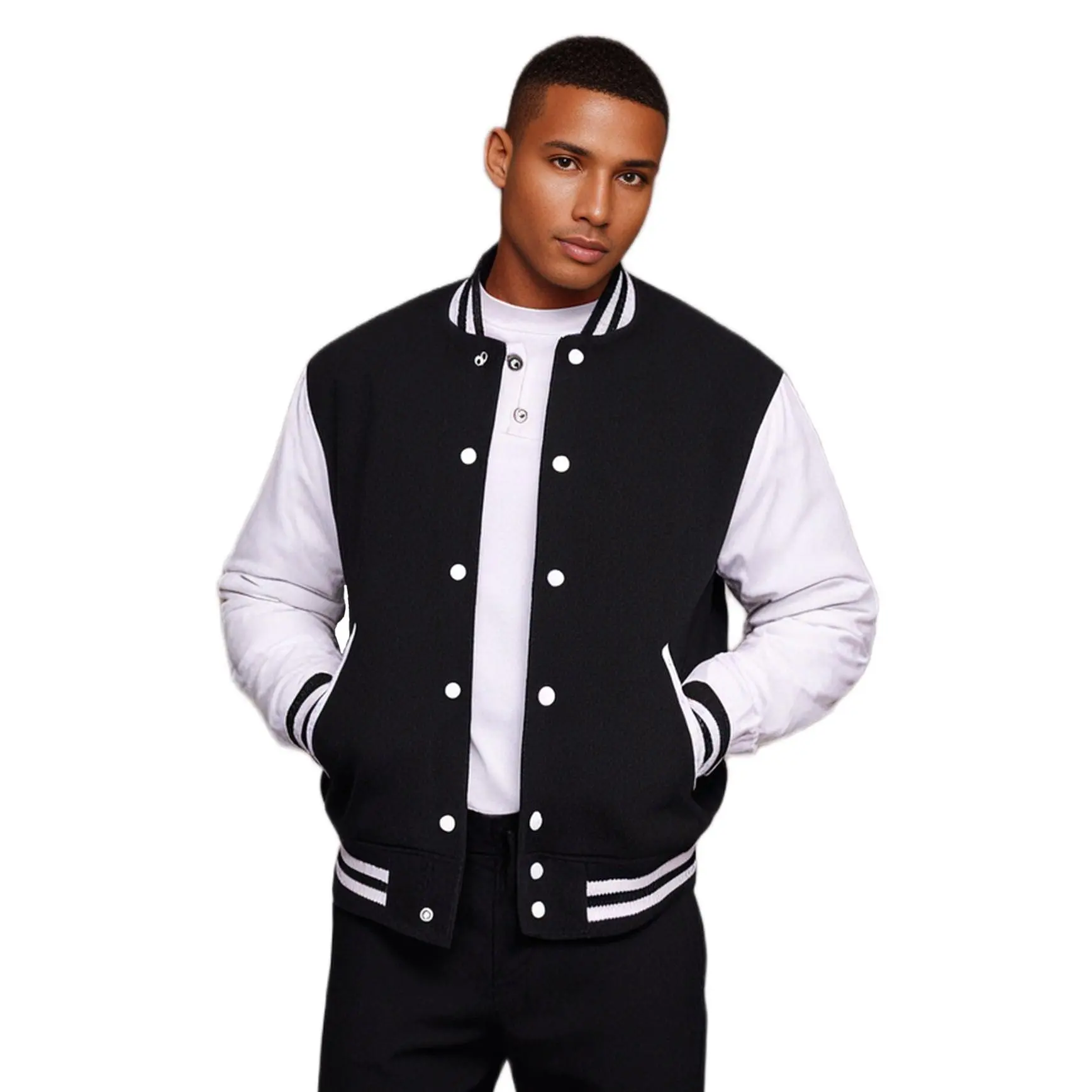 Men’s Varsity Jacket Genuine Leather Sleeve and Wool Body Black/White