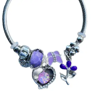 Purple Charm Bracelet with Heart & Flower Charms Elegant Silver-Tone Beaded Jewelry for Women