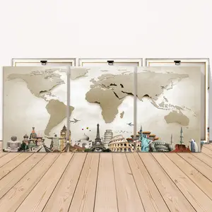 3 Counts Wooden Framed Canvas, World Landmarks Map Travel Art Images, Exquisite Poster, Perfect Living Room Decoration, Modern Art, Fashion Family Poster, Wall Art Decoration, Waterproof Art