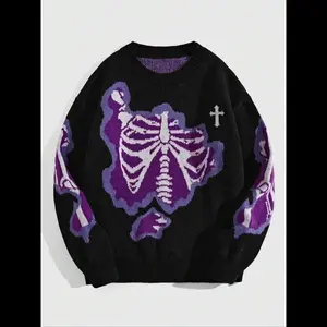 Unisex Halloween-themed skeleton print drop-shoulder sweater, loose street-style long-sleeve crewneck jumper for fall and winter, fashionable unisex knitwear for everyday wear