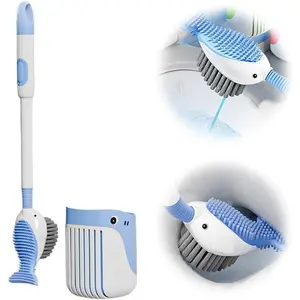 Toilet Brush and Holder Set with Silicone Bristles 2025 New Wall-Mounted Suction Cup Toilet Cleaning Brush Set with Ventilated Holder for Bathroom Deep Cleaning Blue Restroom Plunger