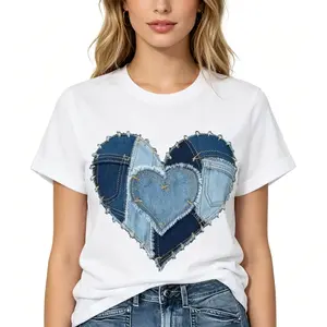 "Heart Denim Print" Graphic Tee |   Artistic Casual Aesthetic Statement T-Shirt |   Women's Streetwear Short-Sleeve Daily Wear All-Season Top