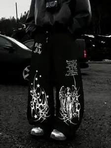 Unisex Gothic Angel Star Wide Leg Pants, Graphic Print, Thorns Texture, Drawstring Waist, Adjustable, Soft Fabric, Y2K Grunge Style