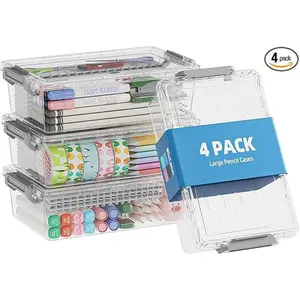 Extra Large Plastic Pencil Box 4-Pack, Stackable Storage Bins, Desk Organizer for Pens, Crayons, Markers (Grey)