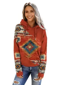 Women's Fitted Ethnic Pattern Drawstring Hoodie - Casual Navajo Style Printed Long Sleeve Hooded Sweatshirt, 1-Piece Lady's Top for Daily Holiday Wear, Casual Women's Hoodies for Spring Summer