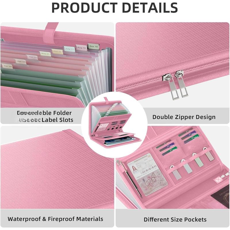 Fireproof Accordion File Organizer, Portable Expanding File Folder with  Zipper&Labels, Pink Document Organizer with 13 Pockets, File Organizer for Important Document/Paper Storage