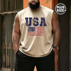 Plus Size Men's Vintage USA Flag Sleeveless Tee | Patriotic Fourth of July Tank,USA Distressed Flag Graphic Sleeveless Tee | Americana Oversized Tank