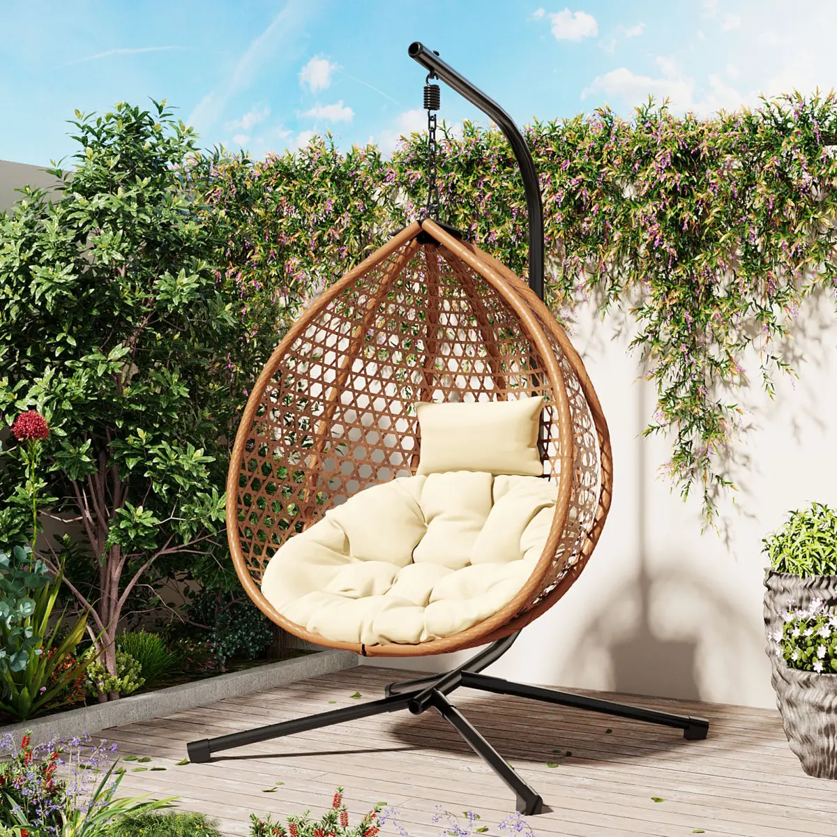 PE Rattan Wicker Hanging Egg Chair with Stand - Heavy Duty 330lbs Swing Seat, Breathable Hollowed Design, Adjustable Headrest - Indoor Outdoor Furniture for Patio Balcony