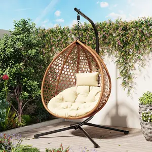 Hanging Egg Chair with Stand - PE Rattan Indoor Outdoor Swing Chair Heavy Duty 330lbs - Breathable Hollowed Design & Adjustable Headrest - Patio Balcony Garden Lounger