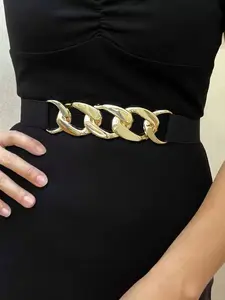Women's Simple Metal Chain Buckle Elastic Waist Belt, Casual Fashion Accessory for Dresses & Pants, Perfect for Halloween & Daily Wear, Trendy Versatile Buckle, Fashion Belts, Elastic Waist Band