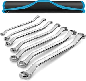 7- Anti-slip Offset Box Wrench Set, Bolt Extractor Wrench Set, Metric, 6-19mm, 50- Offset, CR-V Steel, with Rolling Pouch