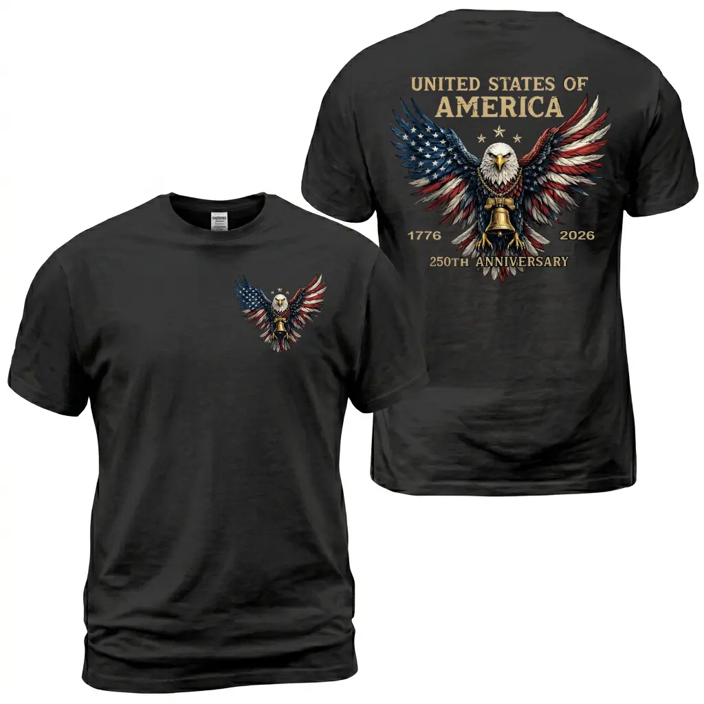 United States Of America 250th Anniversary T-Shirt, Patriotic Eagle Graphic Tee With 1776 2026 Back Print, Front Chest Eagle Logo Shirt, 4th Of July Apparel Gift for Men and Women