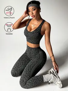 Women’s Leopard Print Yoga Set - Twist V Neck Tank Top and Leggings Workout Activewear Women, sports activewear women, gym outfit women, fitness matching set women, running workout clothes women